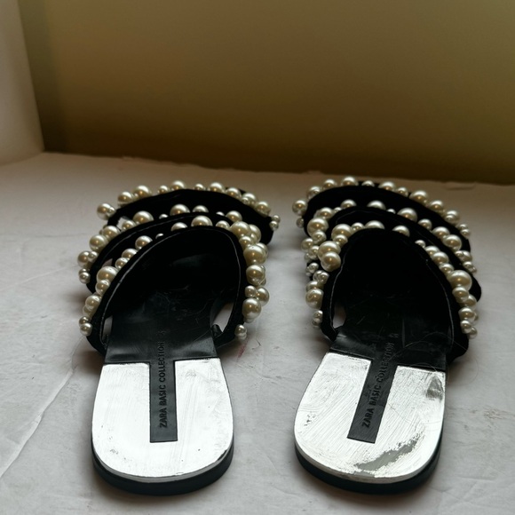 Zara Pearl Embellished Straps Flat Sandals Flats Faux Leather Slides Mules Shoes - Picture 10 of 16